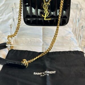 Saint Laurent Black Patent Leather Crossbody with Gold Chain & Logo